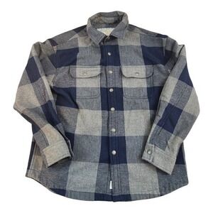 American Eagle Flannel Shirt Jacket Mens Medium Navy Grey Buffalo Plaid Fleece